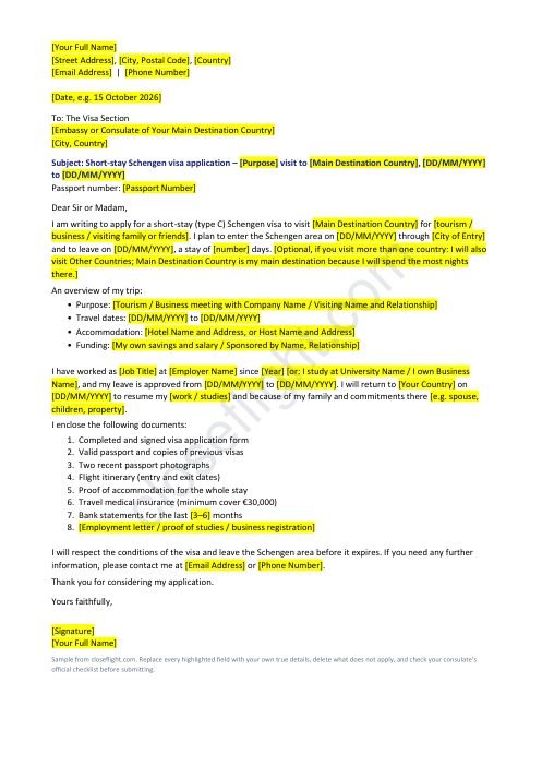 Preview of the Schengen visa cover letter sample with highlighted fields to replace